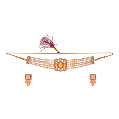 Gold-Polished Alloy Neon Square Motif Pearl Choker Necklace Set - The Pari