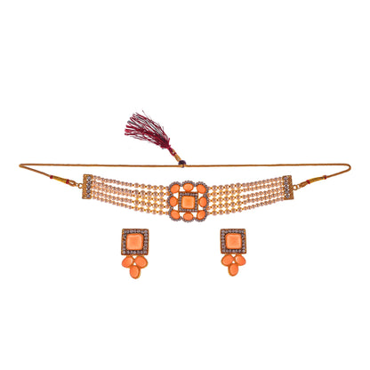 Gold-Polished Alloy Neon Square Motif Pearl Choker Necklace Set - The Pari