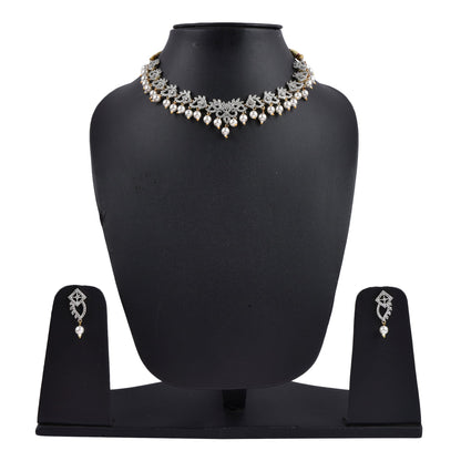 Rhodium-Plated Alloy Pearl Hanging Designer Choker Necklace - The Pari