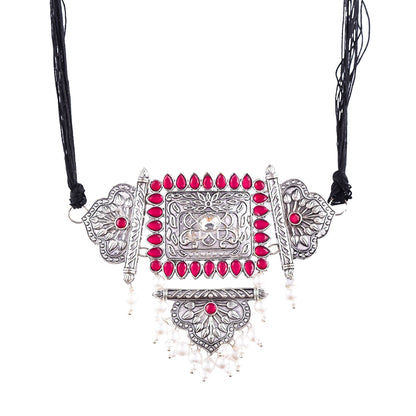 Silver-Plated Alloy Oxidised Tribal Pendant Choker Necklace - The Pari