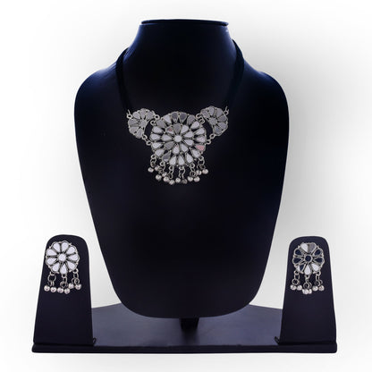 Silver-Plated Alloy Glass Studded Tribal Oxidised Choker Necklace - The Pari