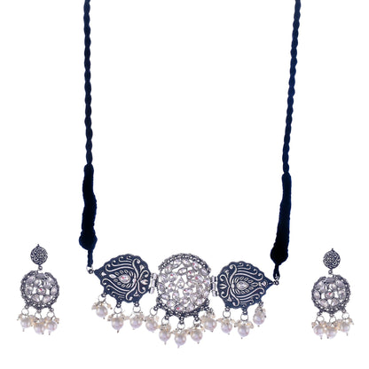 Silver-Plated Alloy Rhinestones Studded Tribal Oxidised Choker Necklace - The Pari