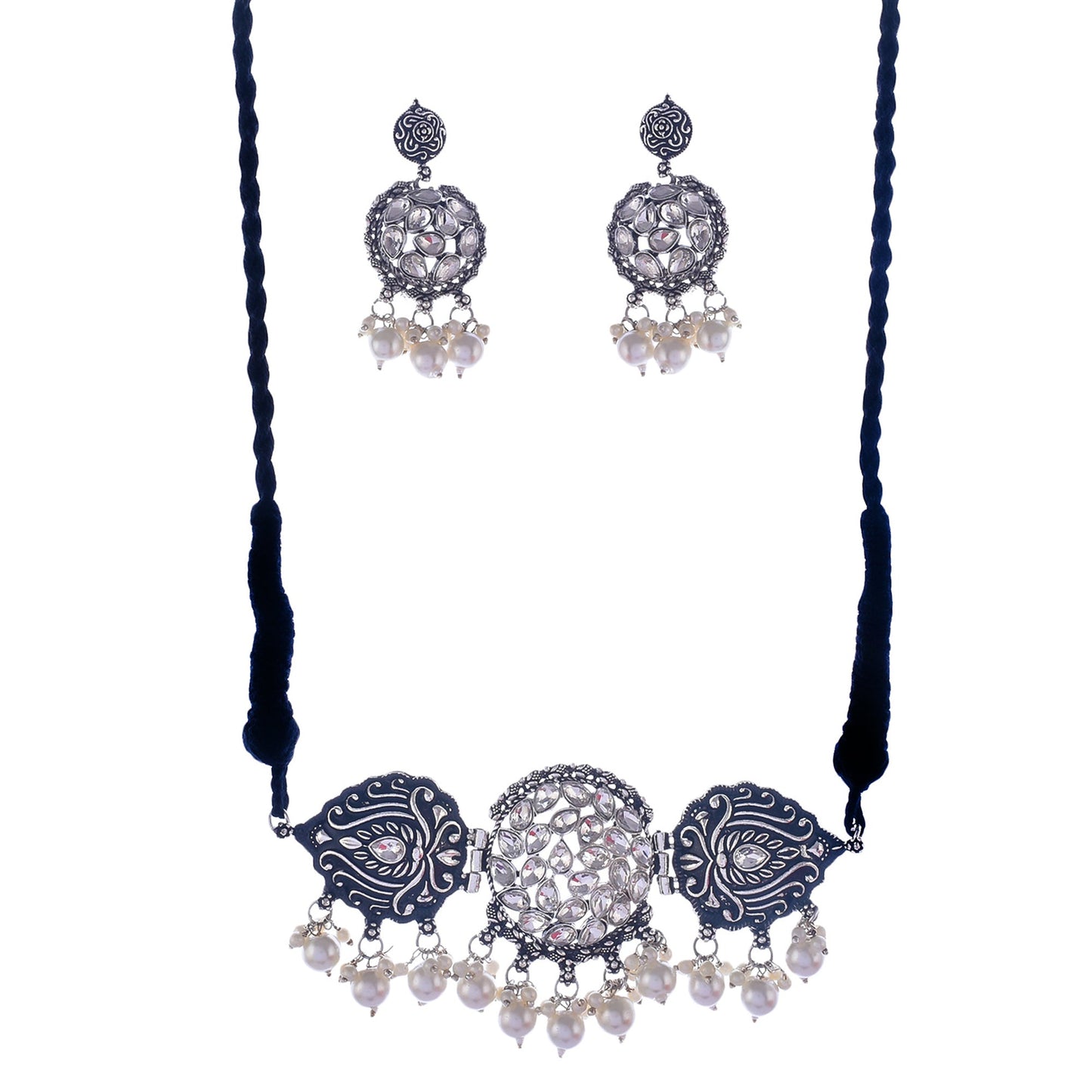 Silver-Plated Alloy Rhinestones Studded Tribal Oxidised Choker Necklace - The Pari