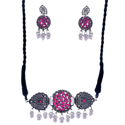 Silver-Plated Alloy Designer Oxidised Choker Necklace - The Pari