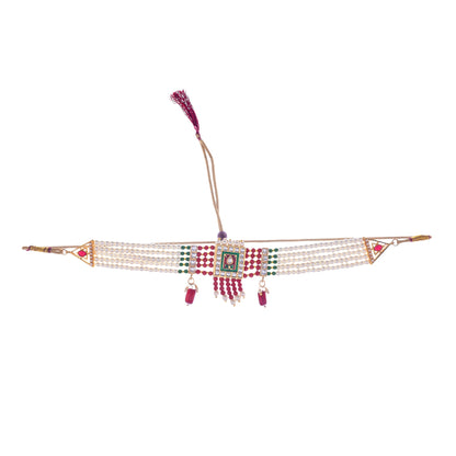 Gold-Polished Alloy Pearl And Glass Bread Choker Necklace - The Pari