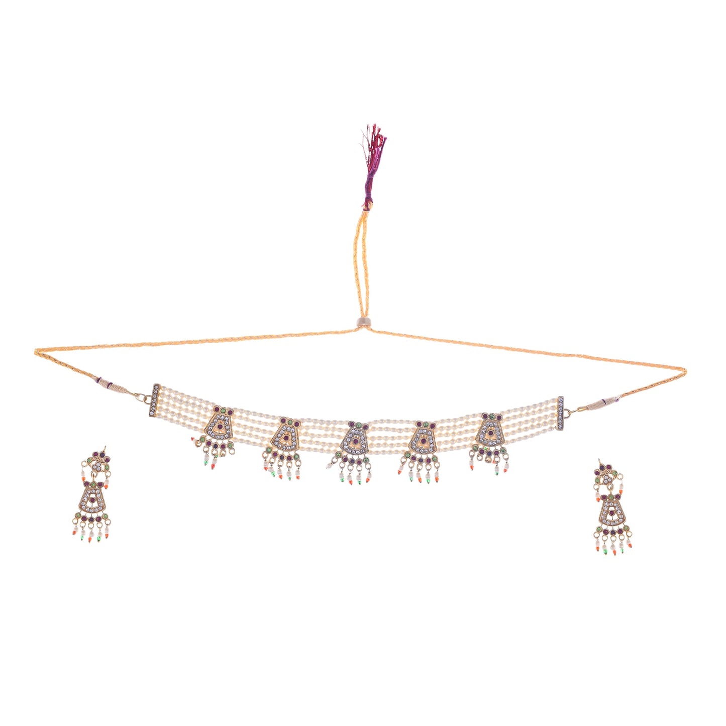 Gold-Polished Alloy Five Motif Pearl Choker Necklace - The Pari