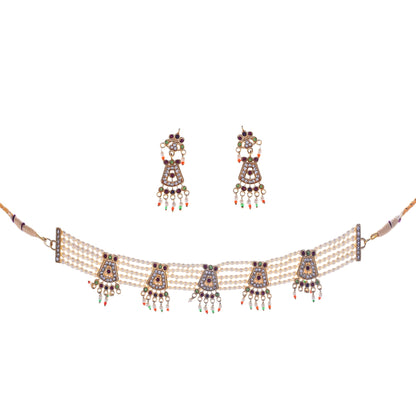 Gold-Polished Alloy Five Motif Pearl Choker Necklace - The Pari