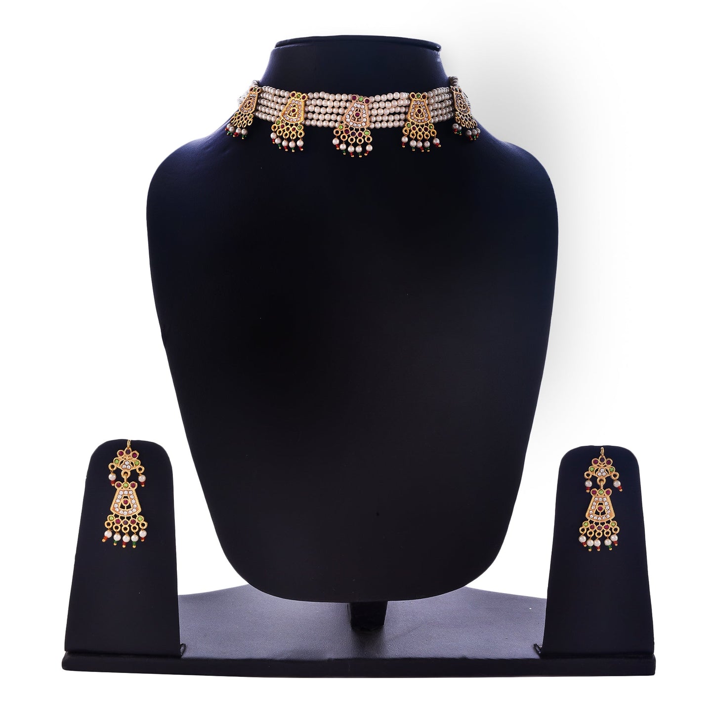 Gold-Polished Alloy Five Motif Pearl Choker Necklace - The Pari