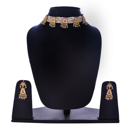 Gold-Polished Alloy Five Motif Pearl Choker Necklace - The Pari