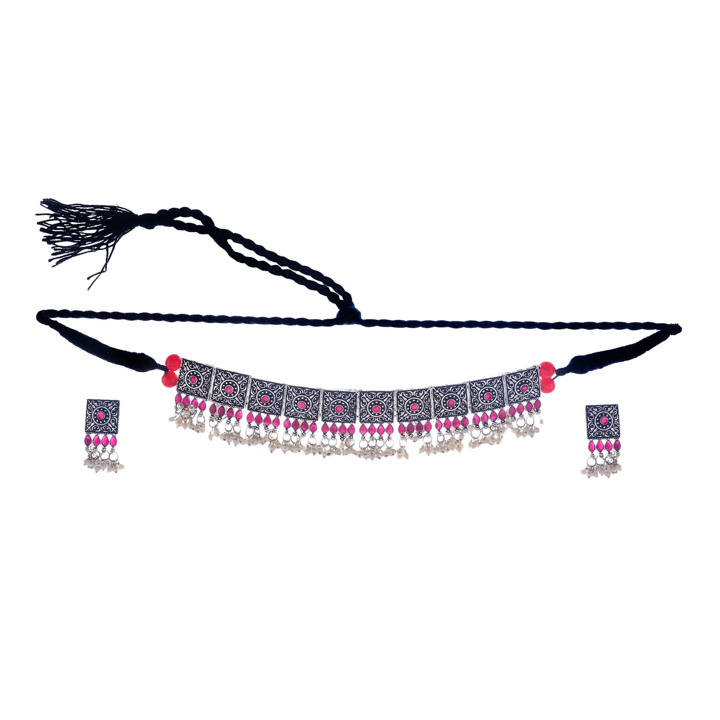 Rhodium-Plated Alloy Classy Ruby Stone Oxidised Choker Necklace - The Pari