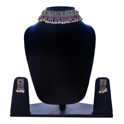 Rhodium-Plated Alloy Classy Ruby Stone Oxidised Choker Necklace - The Pari