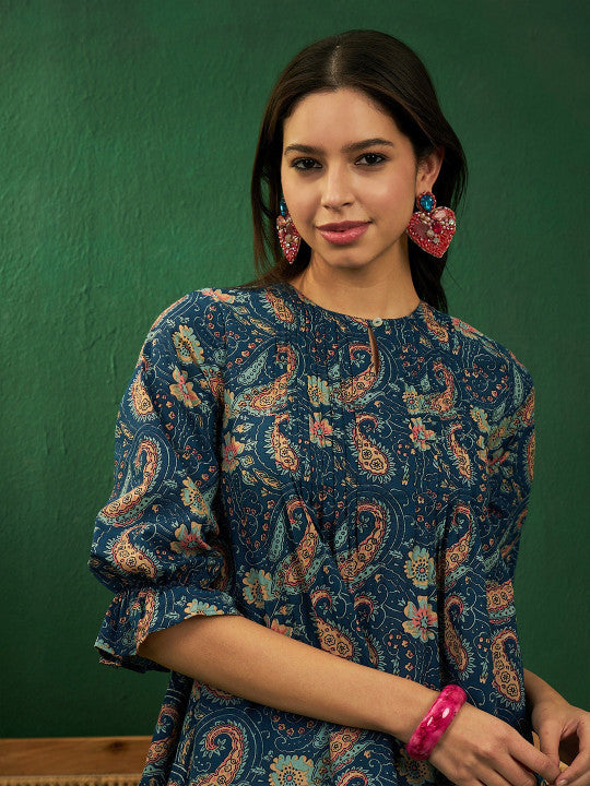 Sangria Paisley Printed Keyhole Neck Puff Sleeve Cotton Top