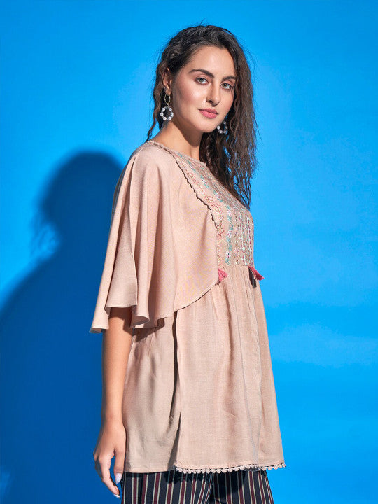 Sangria Beige Ethnic Motifs Embroidered Flared Sleeves A-Line Top