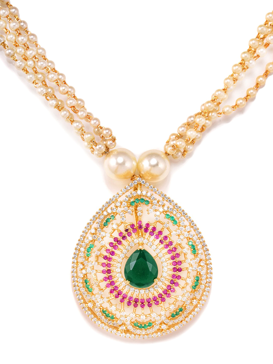 Saraf RS Jewellery Women Gold-Polished Multi Coloured AD Studded Pearl Mala & Earrings Set