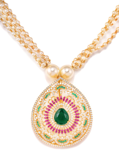 Saraf RS Jewellery Women Gold-Polished Multi Coloured AD Studded Pearl Mala & Earrings Set