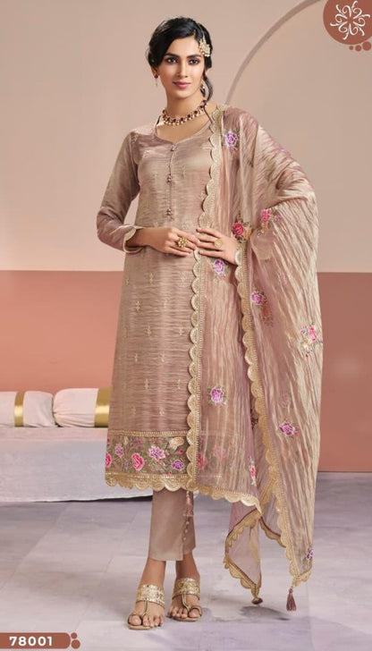 Anaita Peach Gold Silk Suit With Embroidery & Zari Work