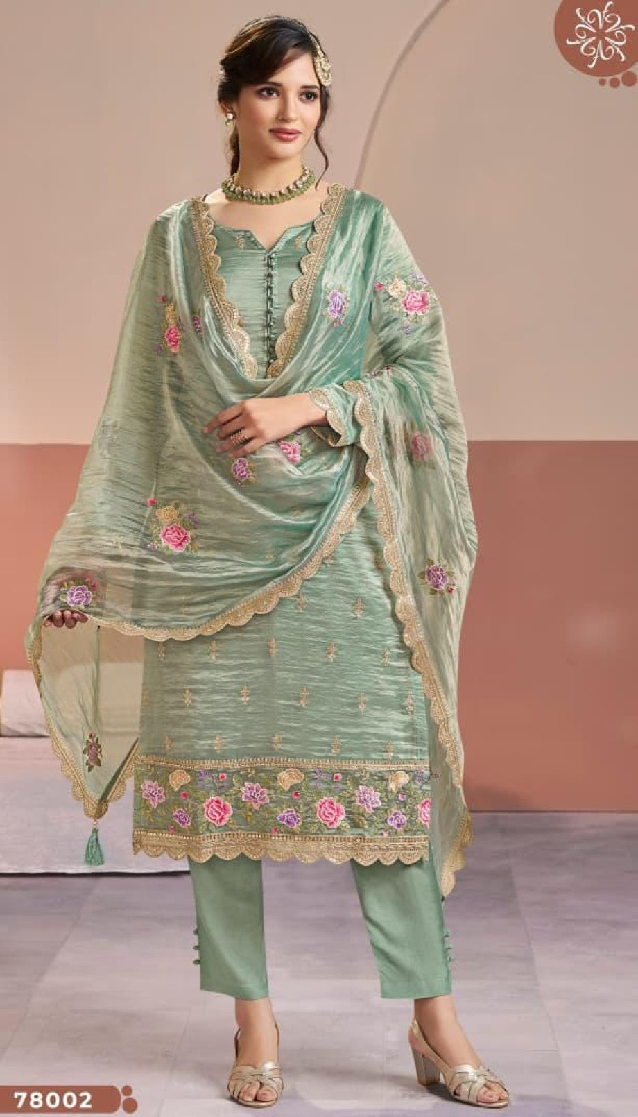 Anaita Sea Green Gold Silk Suit With Embroidery & Zari Work