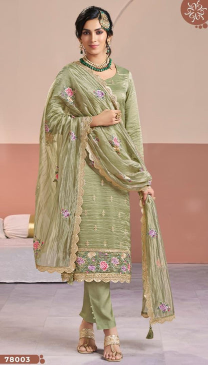 Anaita Olive Gold Silk Suit With Embroidery & Zari Work