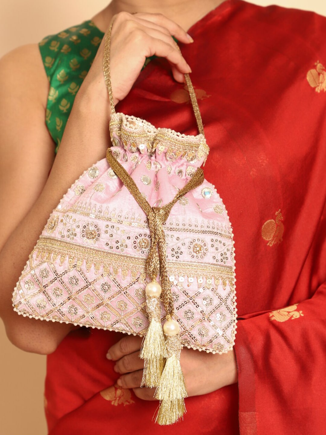 Masq Pink & Gold-Toned Embellished Potli Clutch