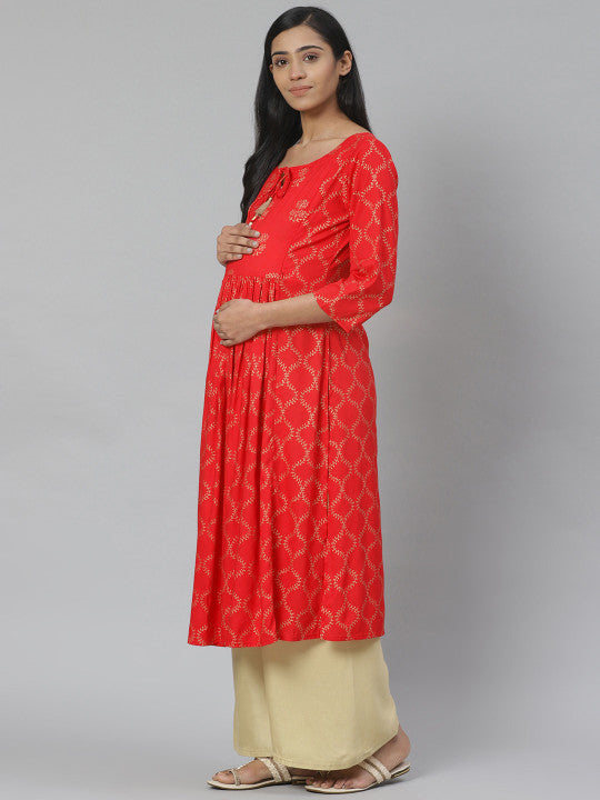 Anayna Women Red & Golden Printed Feeding Maternity A-Line Kurta