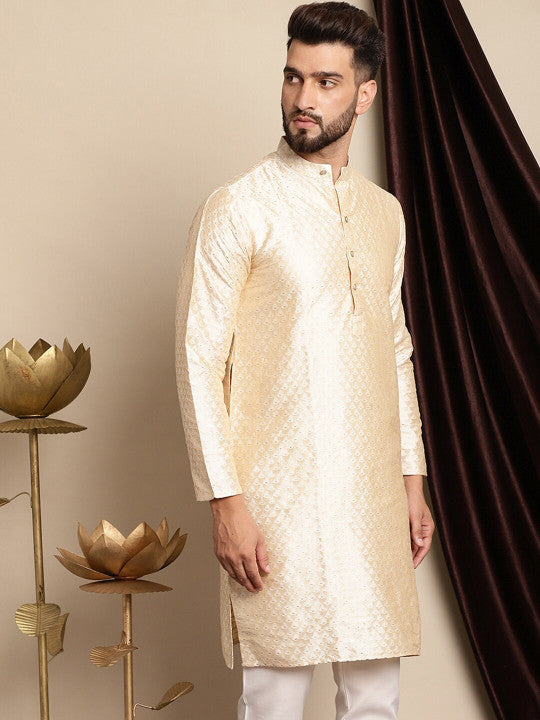 Anouk Ethnic Motifs Woven Design Band Collar Silk Cotton Regular Kurta