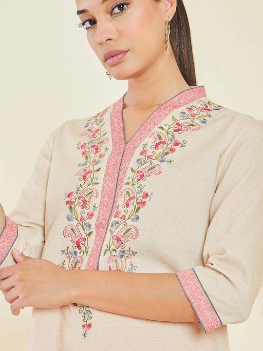 Soch V Neck Floral Embroidered Straight Kurta