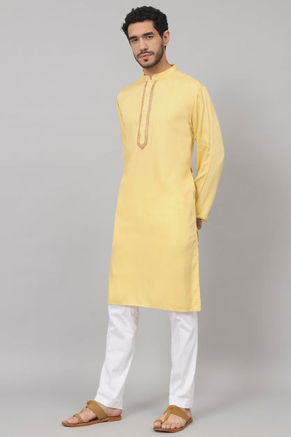 Neckline Embroidered Cotton Kurta by Hilo Design