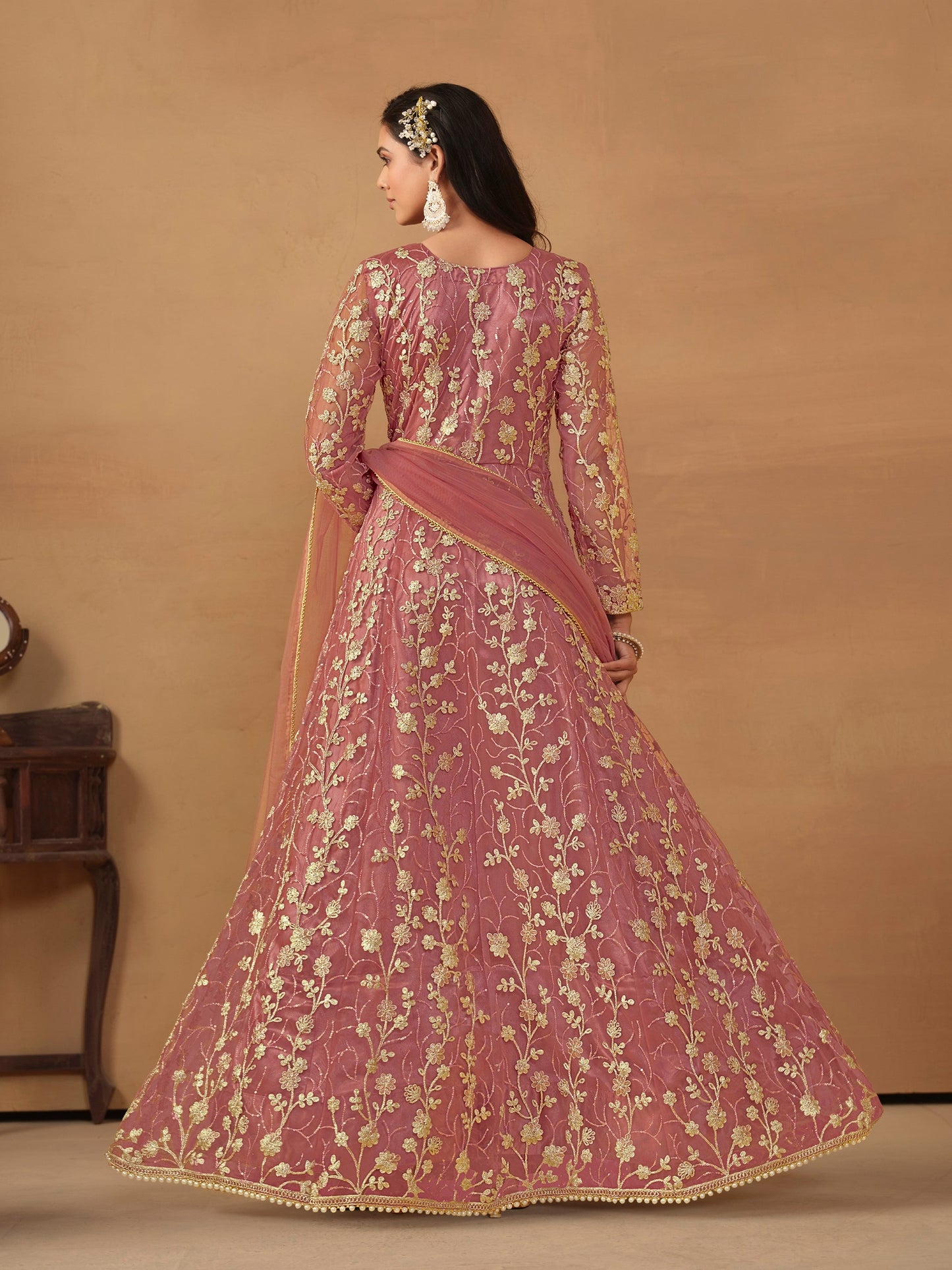 Anaita Pink Embroidered Butterfly Net Anarkali Suit