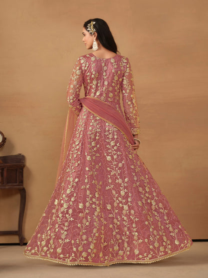 Anaita Pink Embroidered Butterfly Net Anarkali Suit