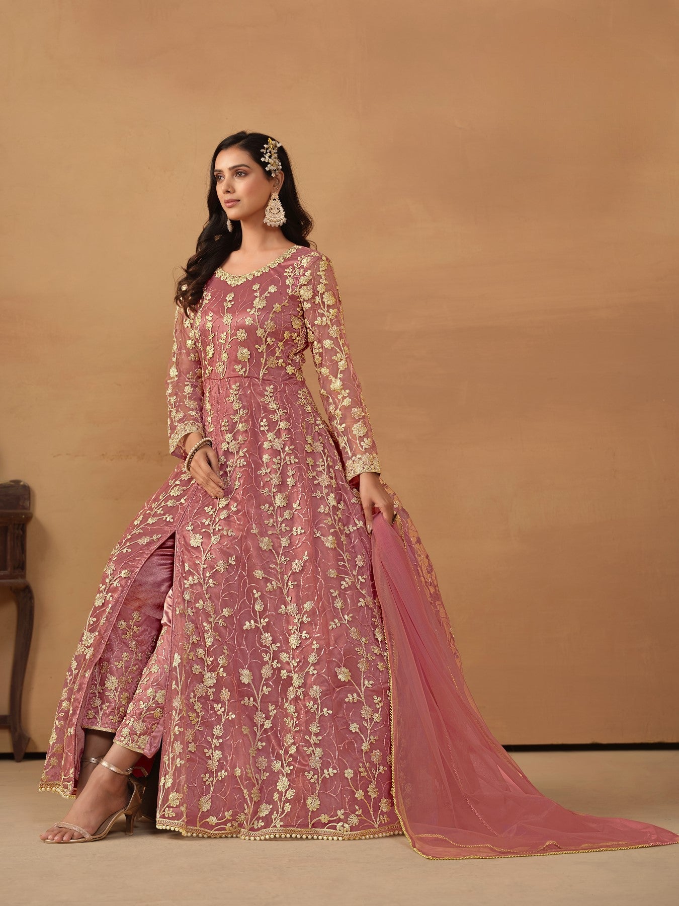 Anaita Pink Embroidered Net Anarkali Suit