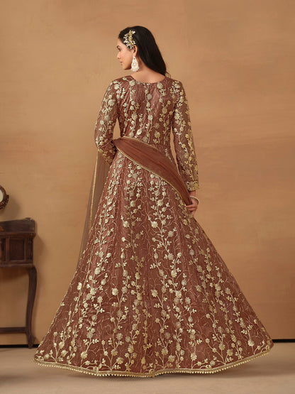 Anaita Brown Embroidered Butterfly Net Anarkali Suit