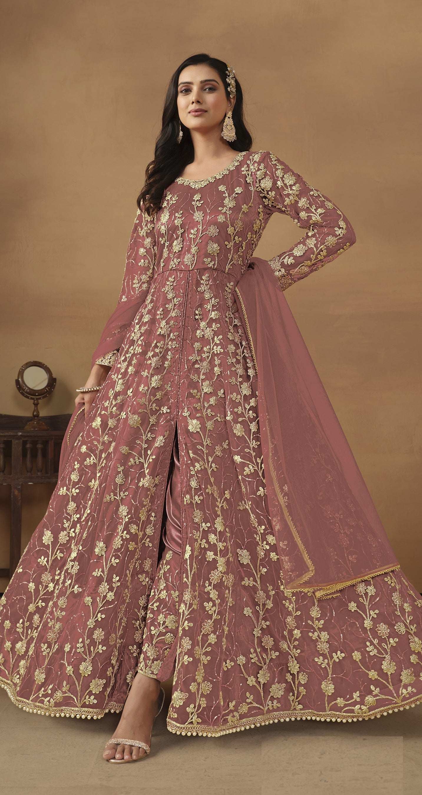 Anaita Peach Embroidered Butterfly Net Anarkali Suit