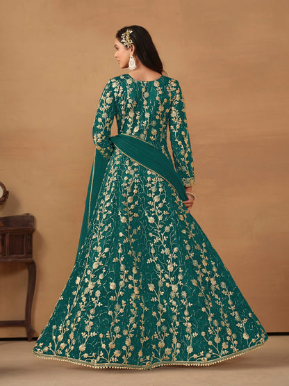 Anaita Teal Embroidered Butterfly Net Anarkali Suit