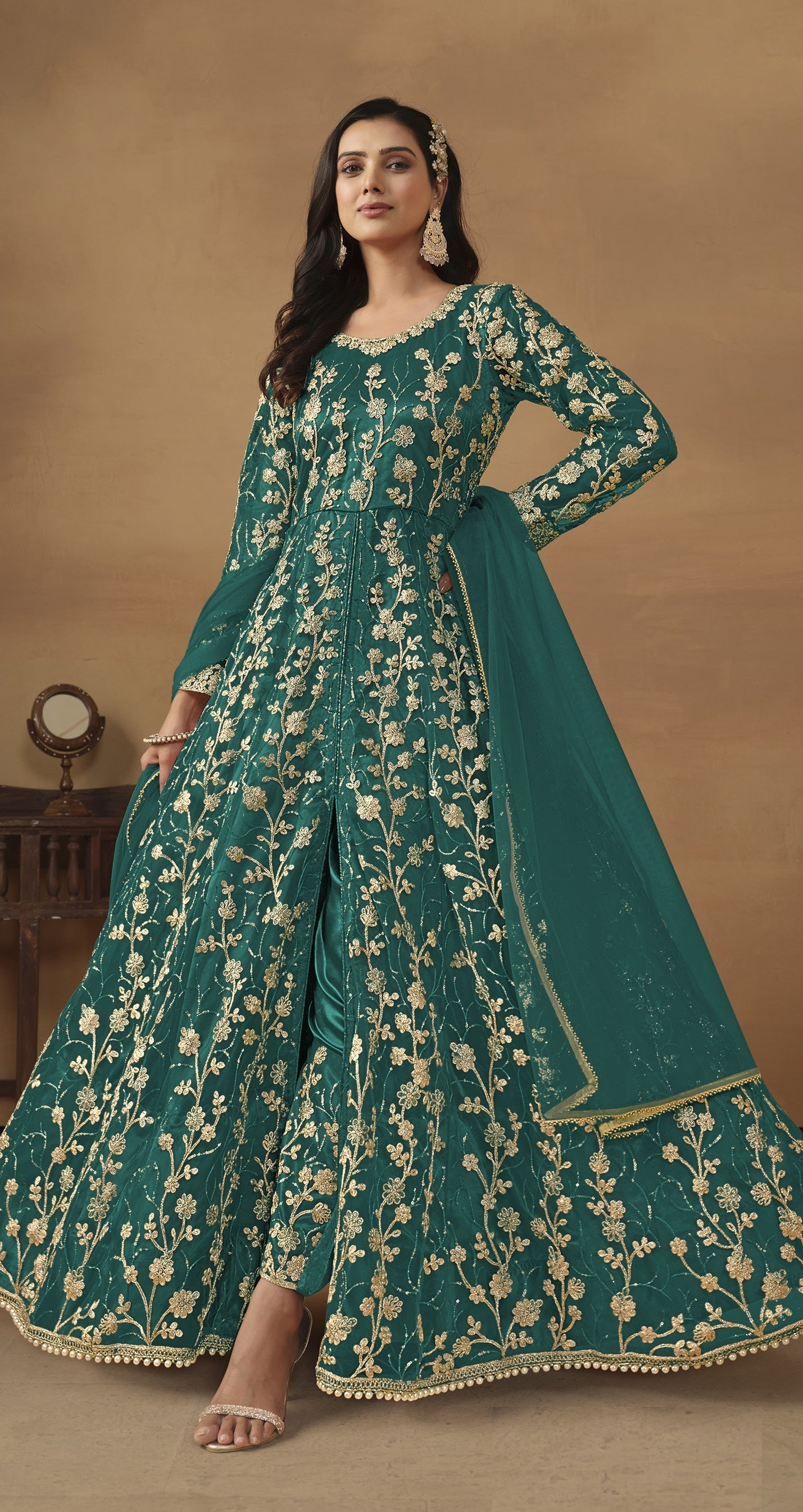 Anaita Teal Embroidered Butterfly Net Anarkali Suit