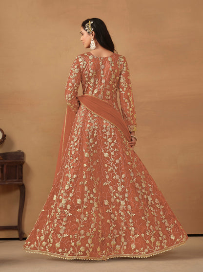 Anaita Orange Embroidered Butterfly Net Anarkali Suit