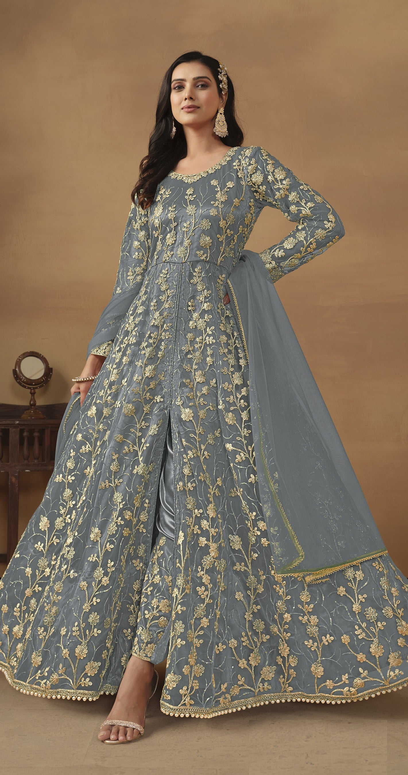 Anaita Grey Embroidered Butterfly Net Anarkali Suit