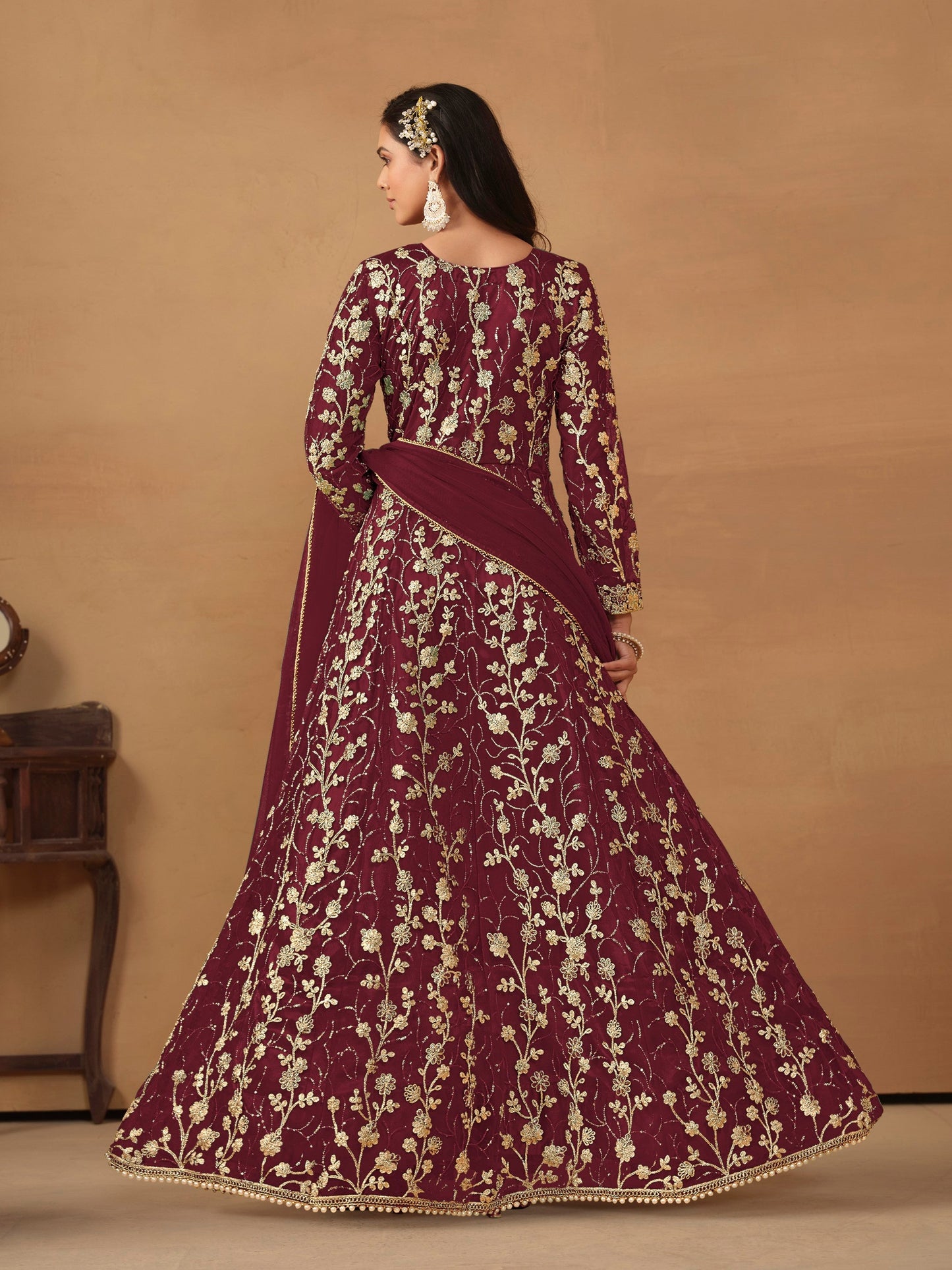 Anaita Wine Embroidered Butterfly Net Anarkali Suit