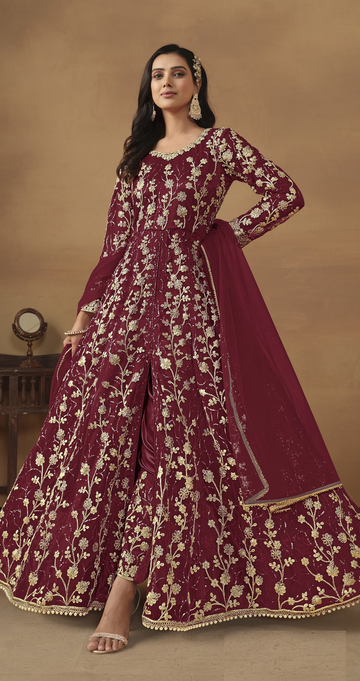 Anaita Wine Embroidered Butterfly Net Anarkali Suit