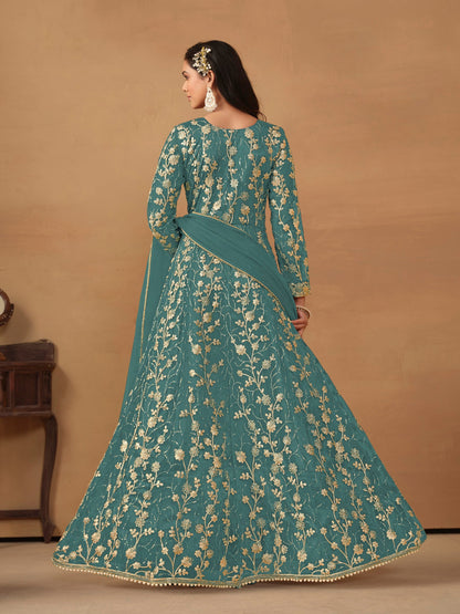 Anaita Sky Blue Embroidered Butterfly Net Anarkali Suit