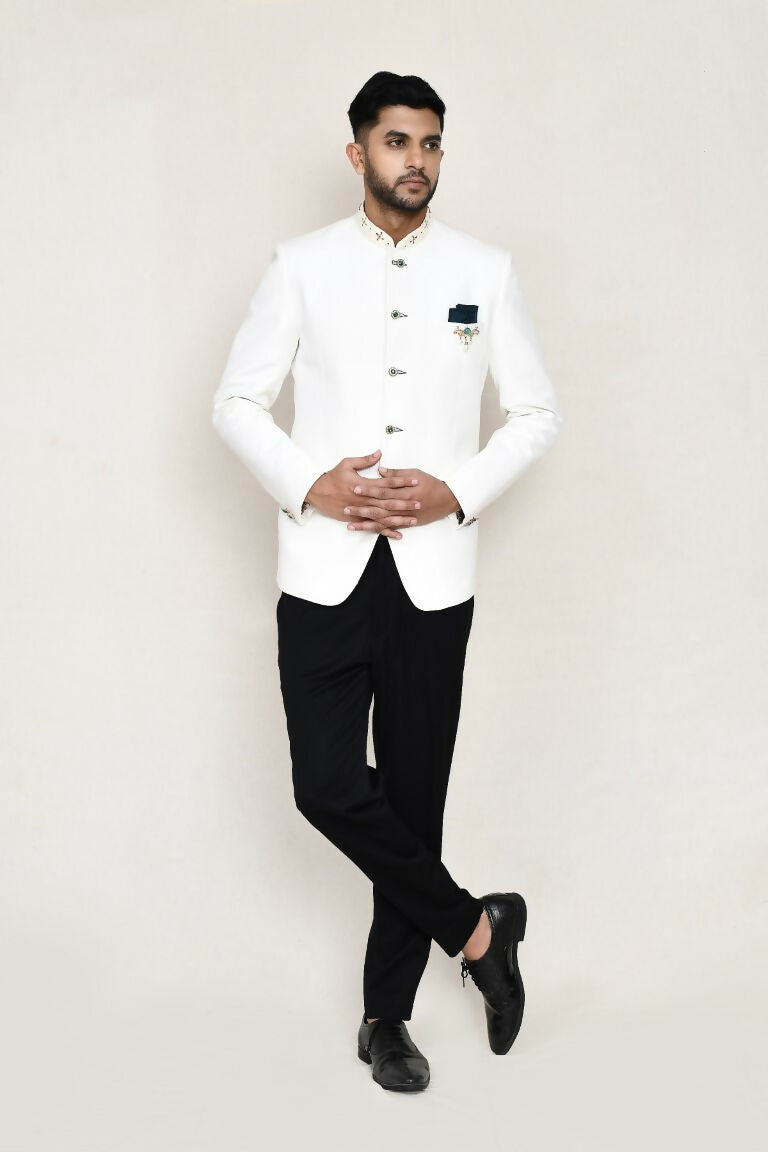 Joban Fashion White Colored Cotton Linen With Neck Embroidery Work Fabric Prince Coat, Pocket Square With Pant