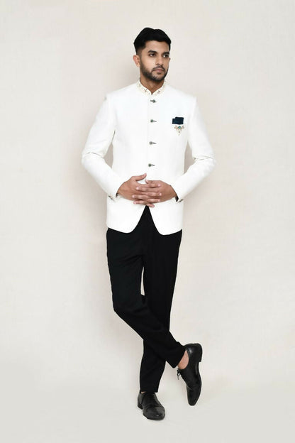 Joban Fashion White Colored Cotton Linen With Neck Embroidery Work Fabric Prince Coat, Pocket Square With Pant