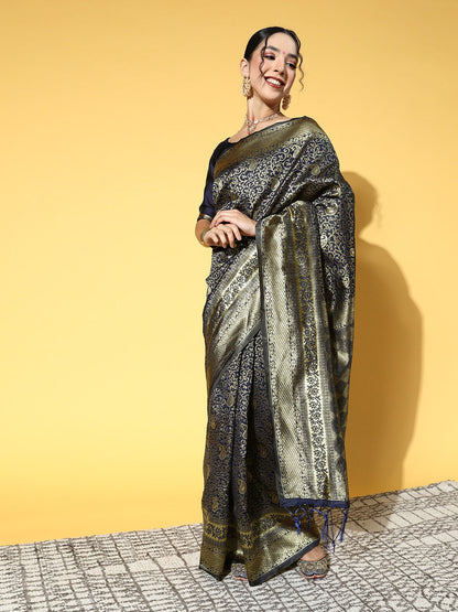 Saree Mall Navy Blue & Gold-Toned Ethnic Motifs Zari Silk Blend Banarasi Sarees