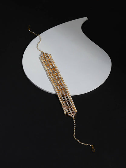 Gold-Polished White Kundan-Studded Pearl Beaded Hair Band - Ruby Raang