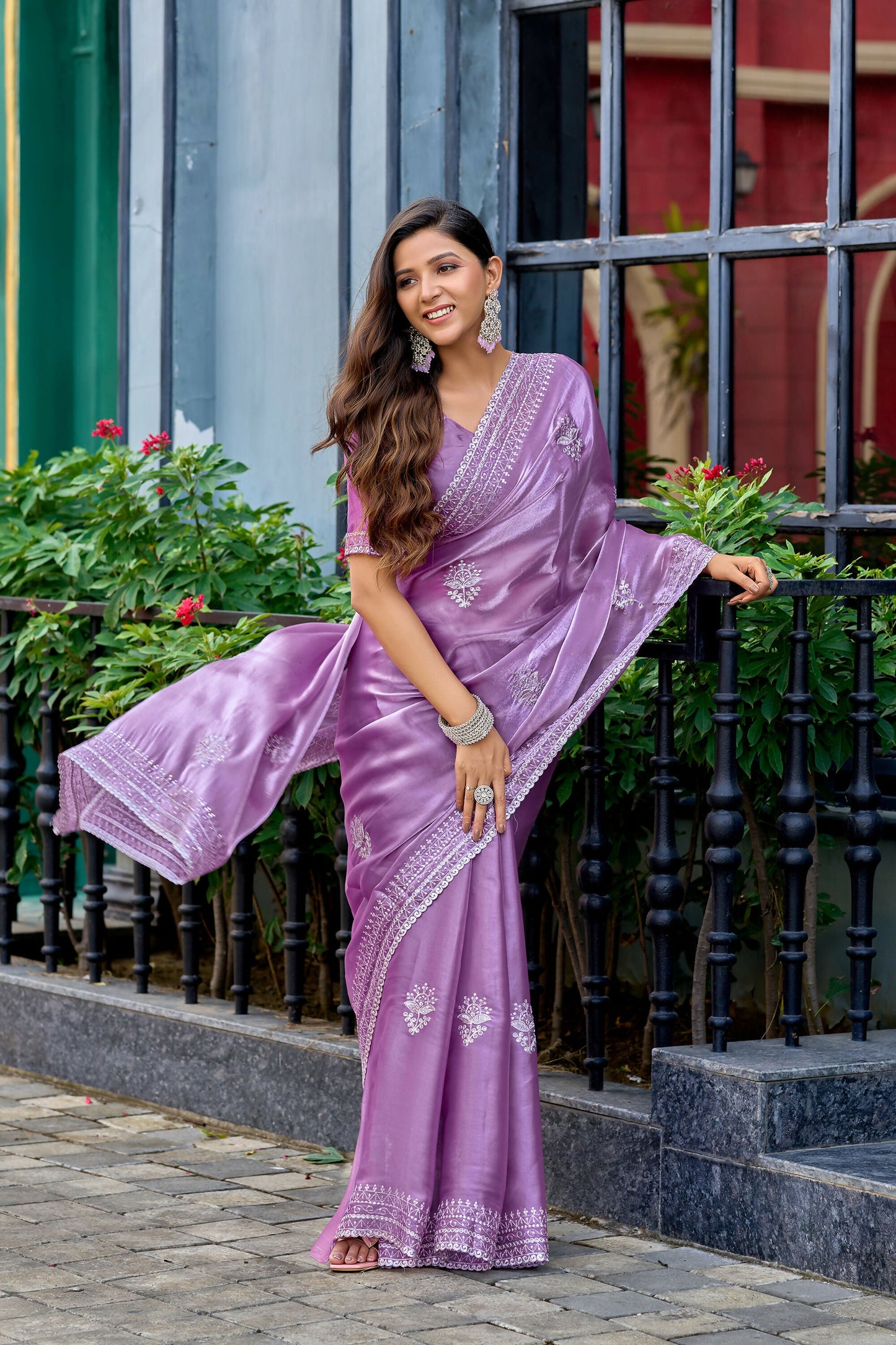 Vastranavya Lavender Embroidery Work Shimmer Chiffon Saree with Unstitched Blouse