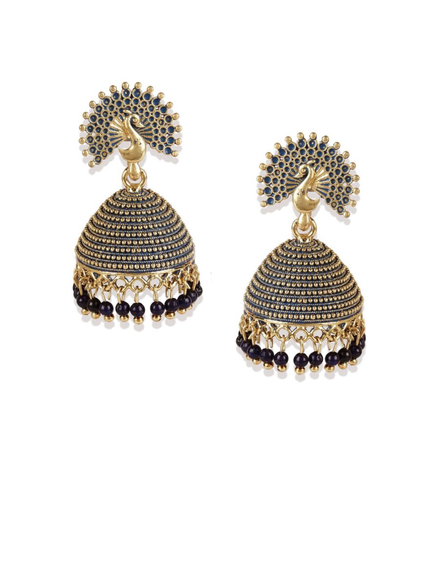 Anikas Creation Gold-Polished & Blue Enamelled Peacock Shaped Jhumkas