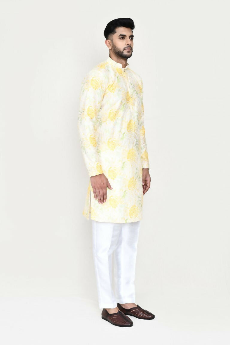 Joban Fashion Yellow Colored Rayon Based With Digital Print Fabric Kurta With Straight Fit Pant