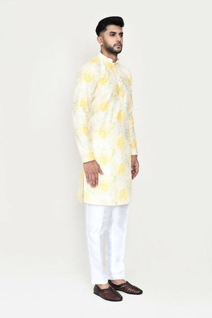 Joban Fashion Yellow Colored Rayon Based With Digital Print Fabric Kurta With Straight Fit Pant
