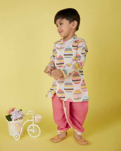Joban Fashion Kids Island Cotton Full Sleeves printed Kurta and Solid Dhoti - Pink