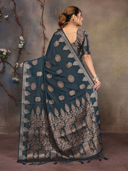 Joban Fashion Teal Blue Woven Jacquard Banarasi Silk Sarees