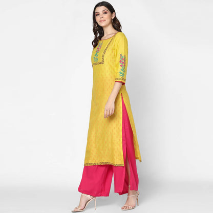 Cheera Hand Block Print Yellow & Magenta Straight Kurta With Palazzo (MAAI-084K)